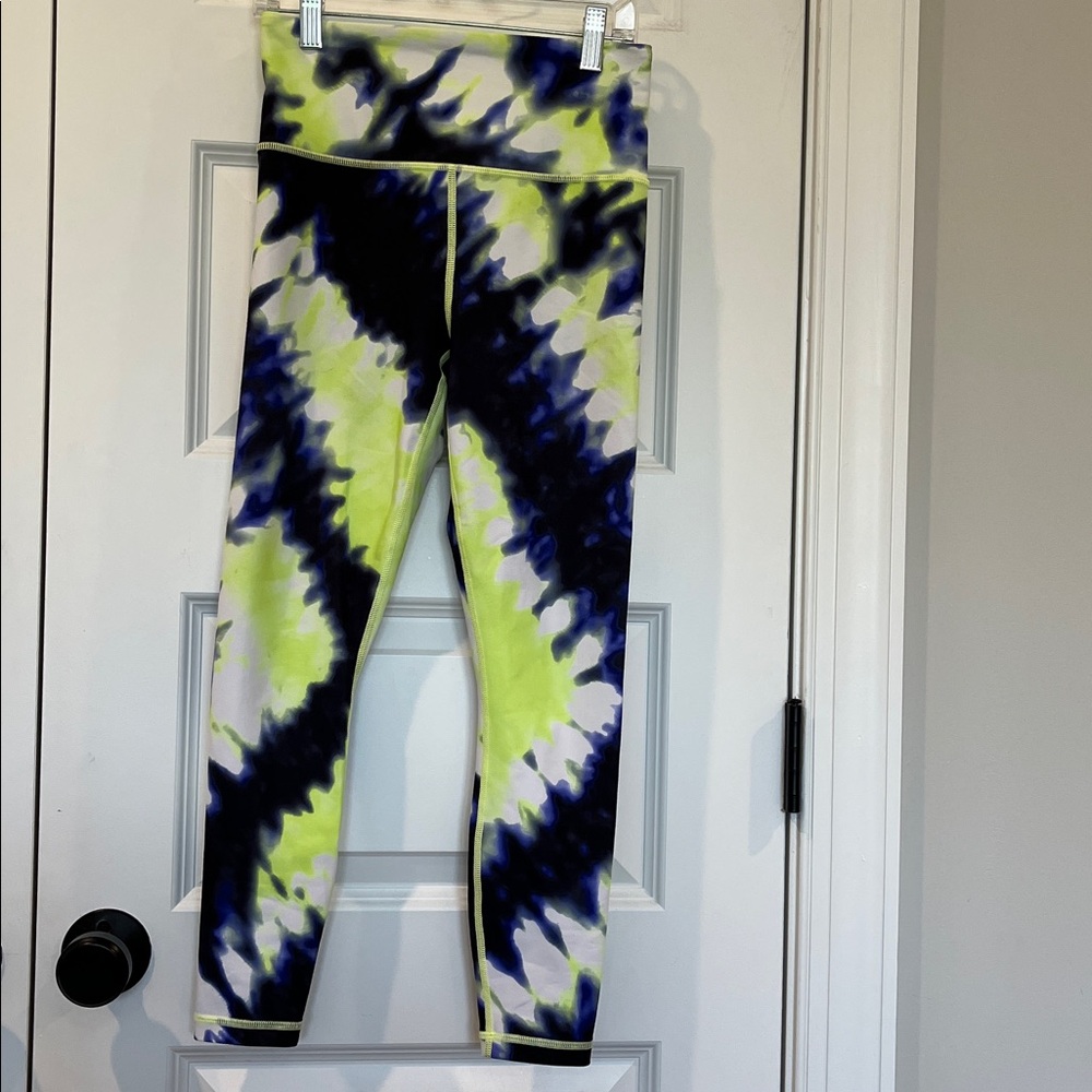 Athleta Neon Chartreuse Cobalt Blue Black Tie Dye Elation 7/8 Tight LeggingsSize
